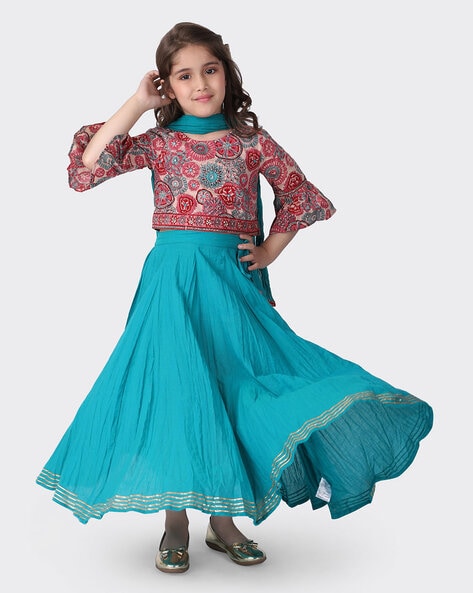 Buy Teal Cotton Printed 3Pc Lehenga Set for Kids Online at Fabindia |  20114074