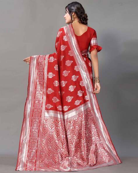 Bengal Weavers Products Parish silver red linen banarsi saree