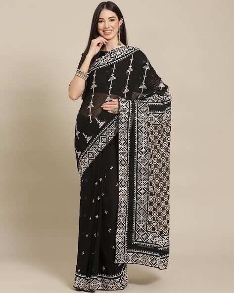 Black Color Sequence Work Saree in Georgette With Satin Border for Party  Wear in USA, UK, Malaysia, South Africa, Dubai, Singapore