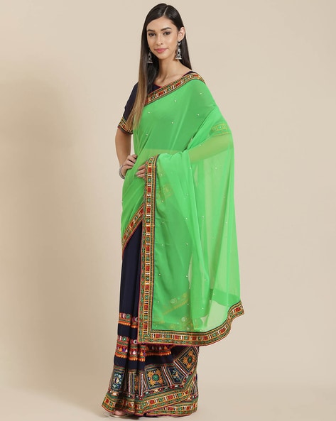 Silk Base Silk Weave Dark Green Color Half And Half Saree