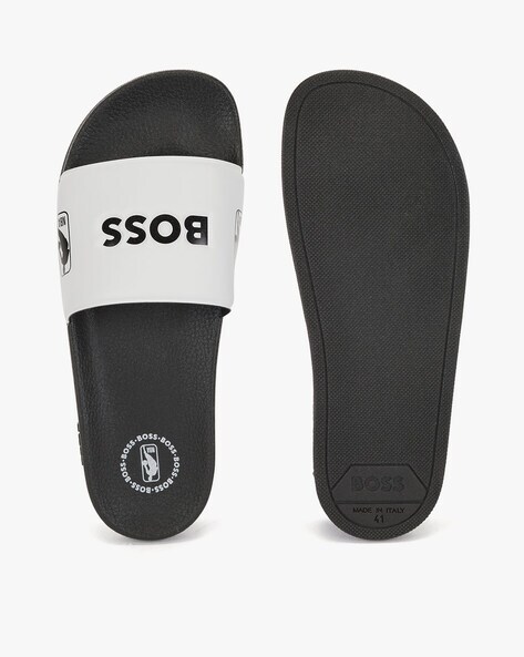 Buy BOSS Collaborative Brand Print NBA Slides White Black