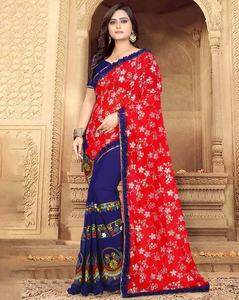 Denim Blue And Red Patola Saree – Bahuji - Online Fashion & Lifestyle Store