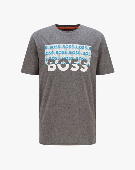 Buy BOSS Cotton Crew-Neck T-Shirt with Logo Artwork Grey Color