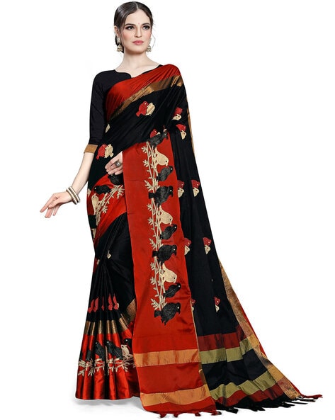 Red And Black Multi Embroidered Saree | Saree designs, Party wear sarees,  Saree blouse neck designs