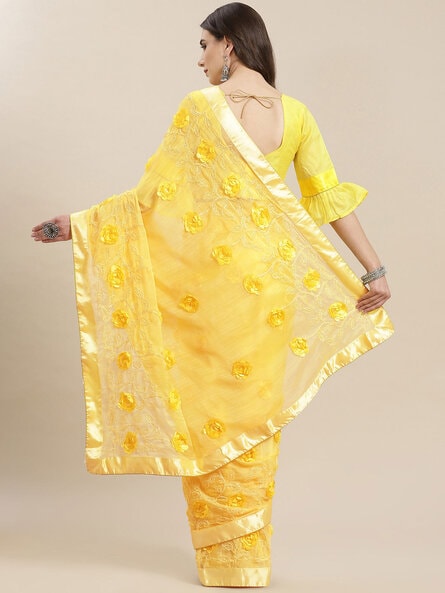 Party Wear Saree in Yellow with Blue Border - Rsm Silks Online