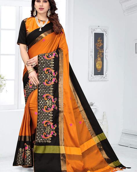 Orange Black Plain Saree Pure Modal Silk - Bandhani - Bandhani - Kutch