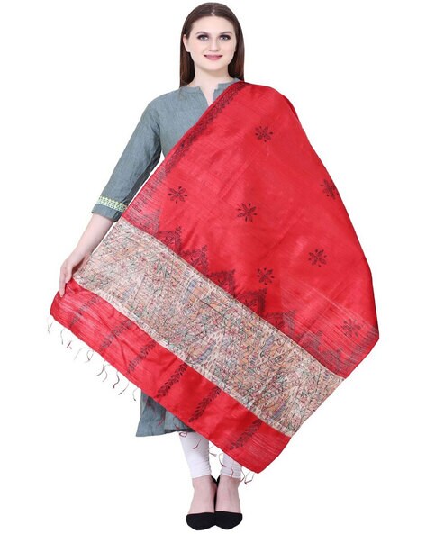 Madhubani Handpainted Tussar Silk Dupatta Price in India