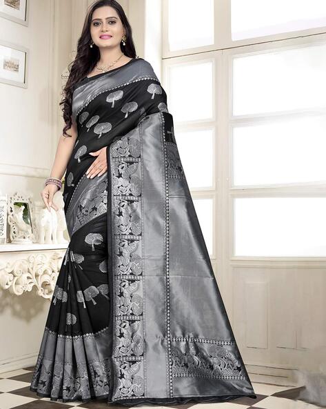 Gray Banarasi Silver Zari Geometrical Brocade Handwoven Katan Silk Saree -  By HolyWeaves, Benares