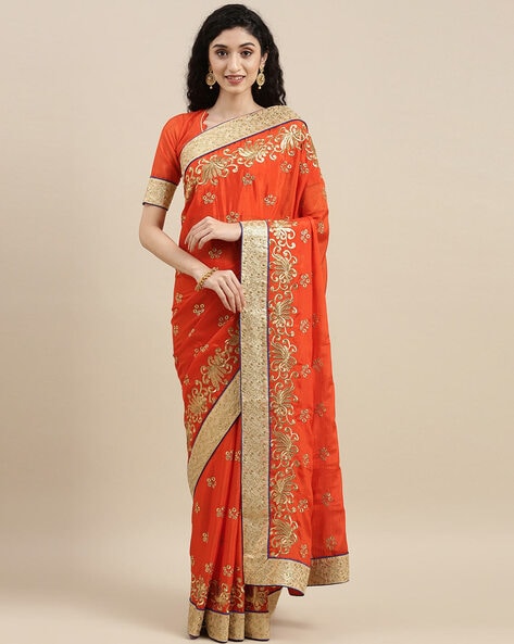 Buy Orange Color Jacquard Hand Embroidery Stone Work Saree Party Wear  Online at Best Price | Cbazaar