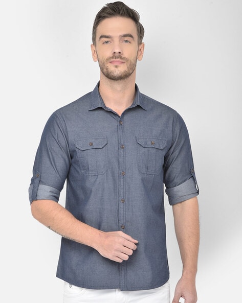 Buy Blue Dobby Denim Shirt S474347 Online – House of Stori