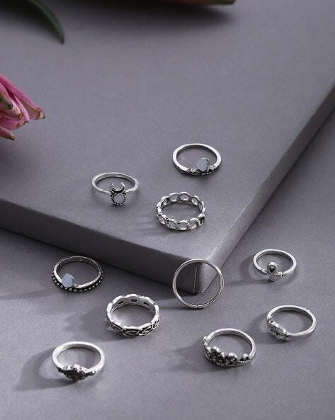 Silver Studded Assorted Ring Set - 8 Pack