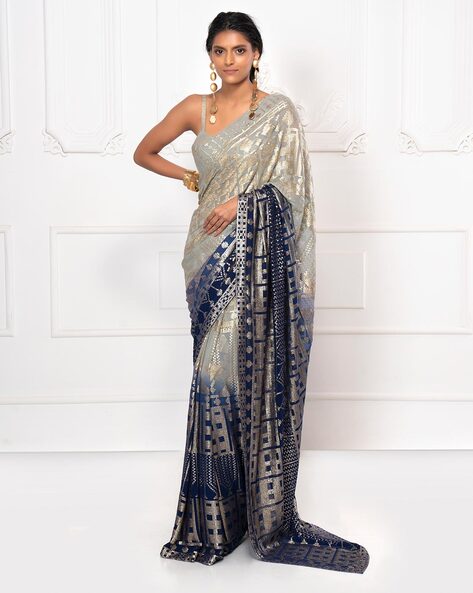 Cream and Green Shaded Sequins Work Georgette Saree
