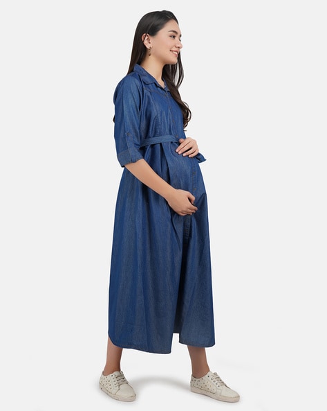 Buy VYN Women's Maternity Shirt Dress with Belt Denim Fabric Round Neck  Full Sleeve Knee Length Dress Comfortable Front Open Women's Maternity  Pregnancy Shirt Dress for Nursing Pre & Post-Pregnancy (M) at