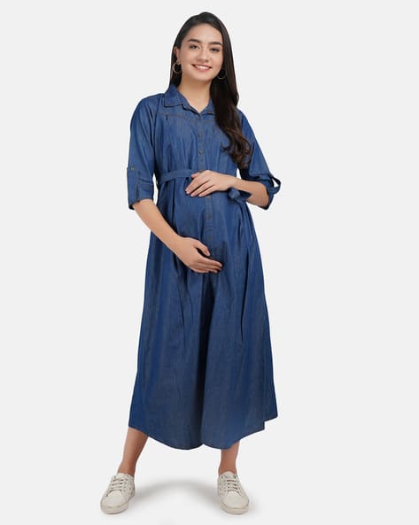 Buy KOI SLEEPWEAR Solid Denim Maternity Dress W... Online | Ajio.com