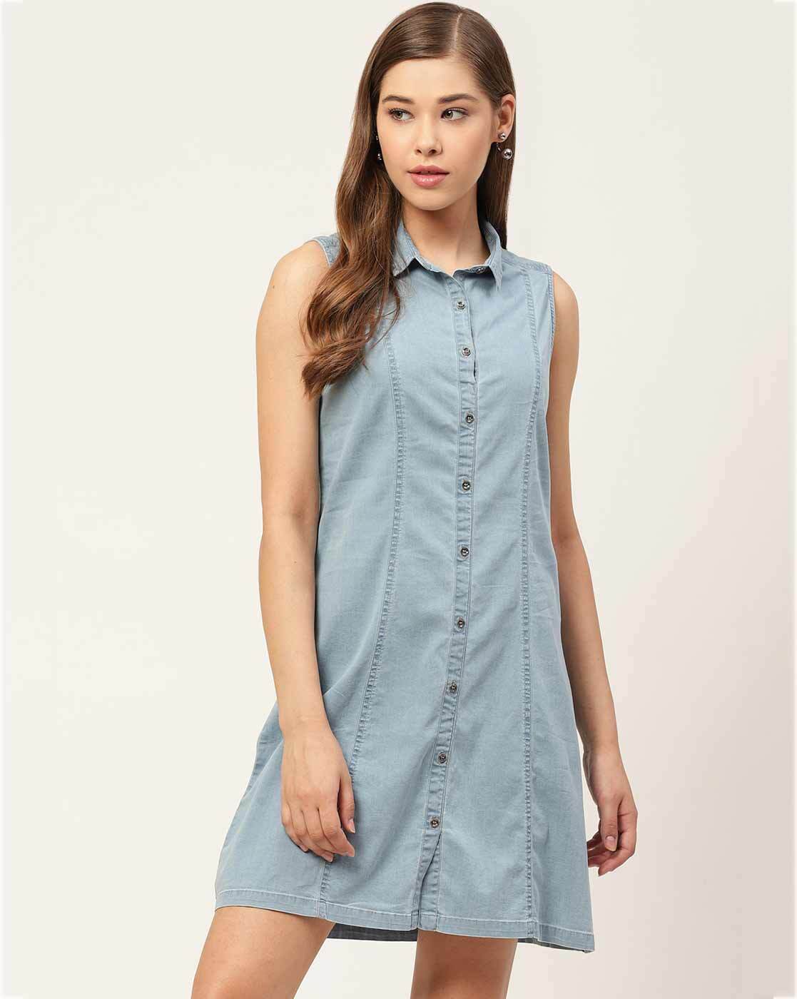 Light Wash Button Front Sleeveless Denim Dress