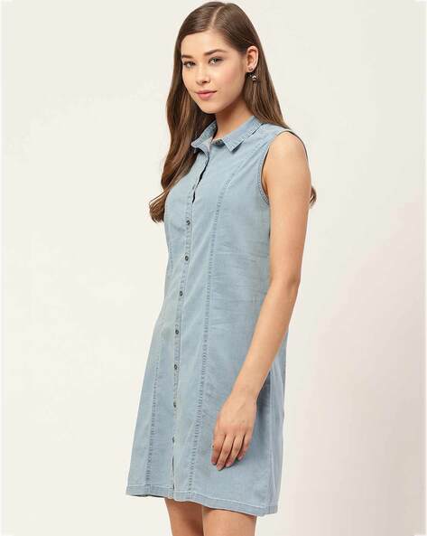 Gap Denim Shirt Dress Womens XS Blue Button Front V Neck Sleeveless Knee  Length | eBay