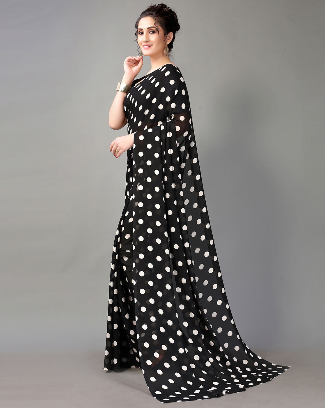 Pale Pink And Black Polka Dots Pattern Digital Print Georgette Pre-Dra –  Fabcurate