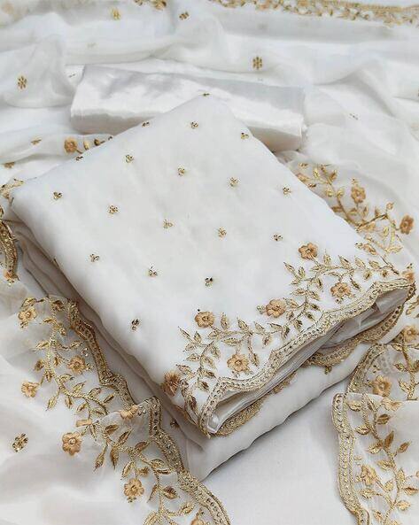 green emerald velvet dress Ivory Gold Pure silk Chanderi Dress Material main image 0