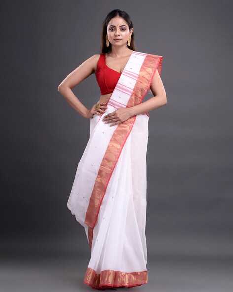 Handloom Cotton Saree | Red Border | White - The OCAU