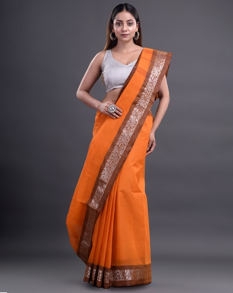 Buy WoodenTant Women's Silk Cotton Soft Dhakai Jamdani Handloom Saree in  Orange at Amazon.in