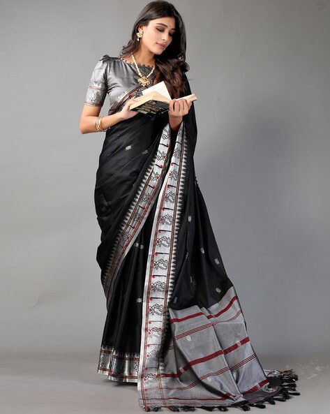 Regal Black Cotton Saree with Bronze & Silver Pallu – Triyah