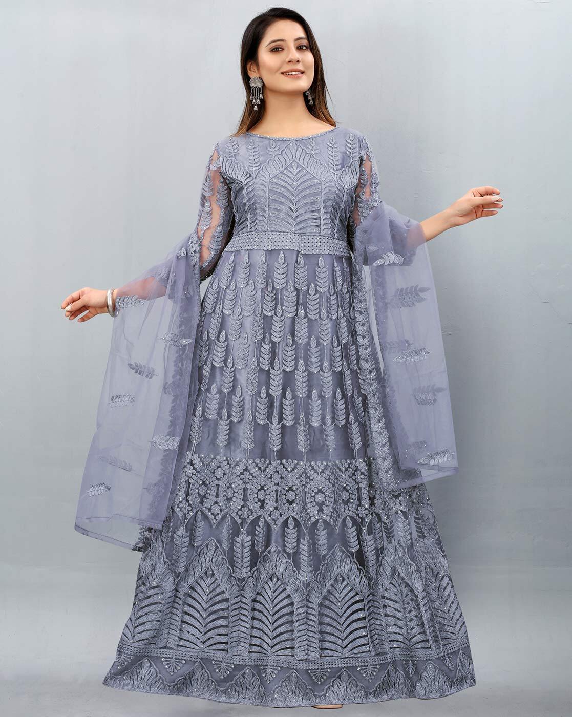 Charcoal Grey Net Anarkali Gown With Dori Work - Hijab Online