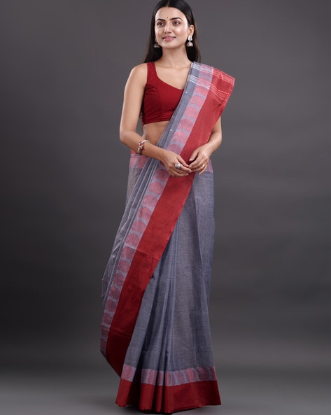 Handloom Grey Red Bengal Cotton Santipuri Saree | Bengal Cotton Saree