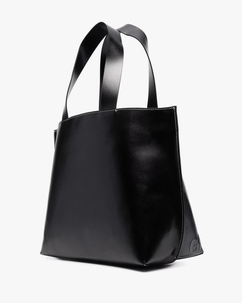 Ganni Black Leather Double Top Handle Logo Contrast Stitching Tote Bag