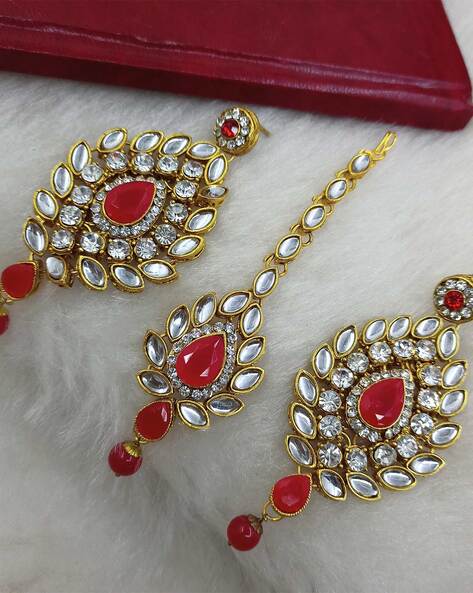 Buy Oomph Red Kundan Jadau Maangtikka Earrings Set Online At Best Price @  Tata CLiQ