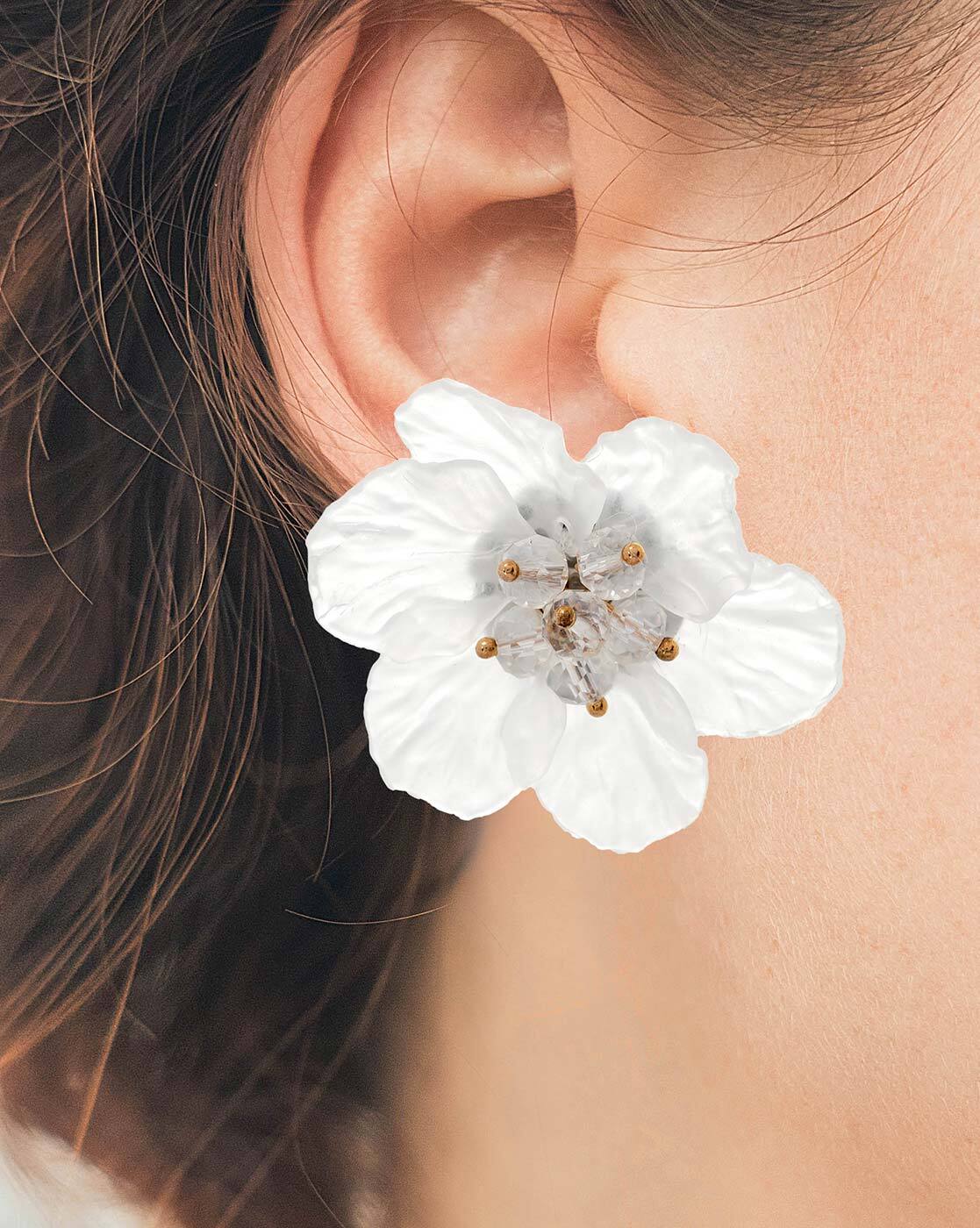 Swarovski Ceramic White Flower Pearl Sparkling Crystal Long Bridal Jew –  TheMillenniumBride