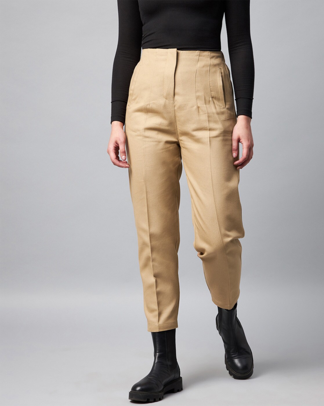 Buy Styli Beige Straight Fit High Rise Cargos for Women's Online