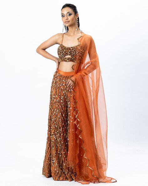 Zardozi Burnt Orange Pankh Embroidered Lehenga Set | Amaltas Couture