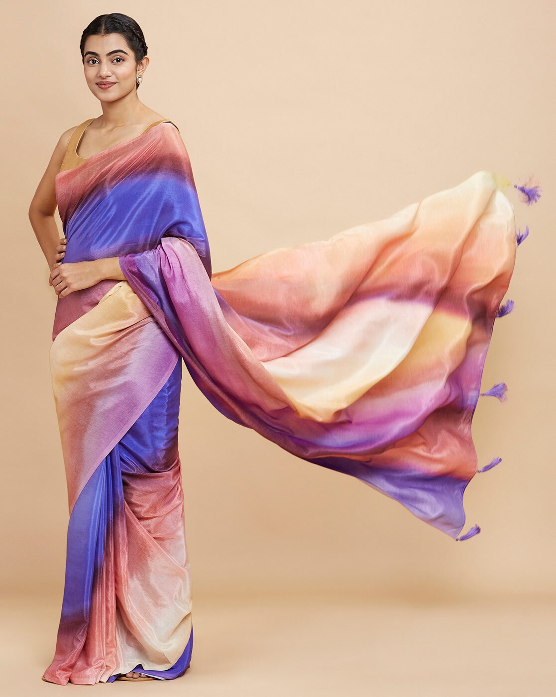 The Patchwork And Pastels Smoke Grey Liva Crepe Saree -navyasa