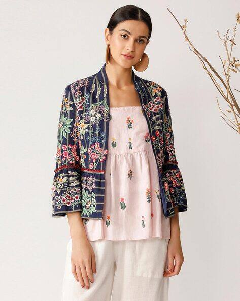 Buy Payal Pratap Floral Print Jacket with Bell Sleeves Navy Blue