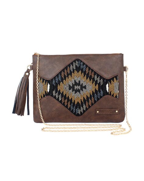 Large Tassel Accent Flapover Clutch Purse with Chain Strap 