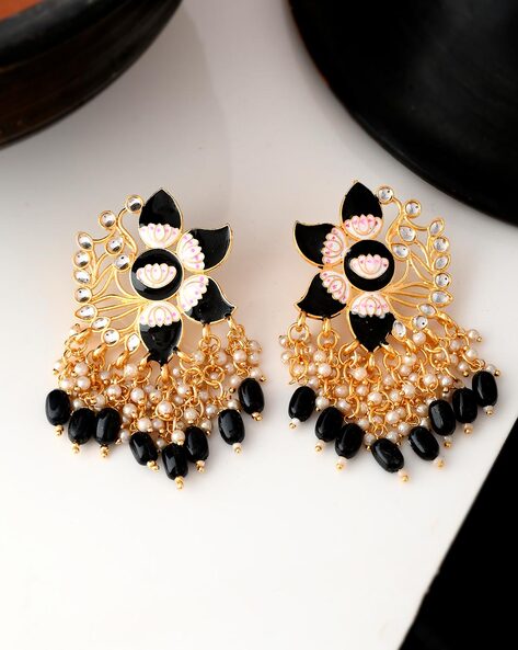 Buy Latest One Gram Gold Black Crystal| Black Beads Jhumka Earrings Online