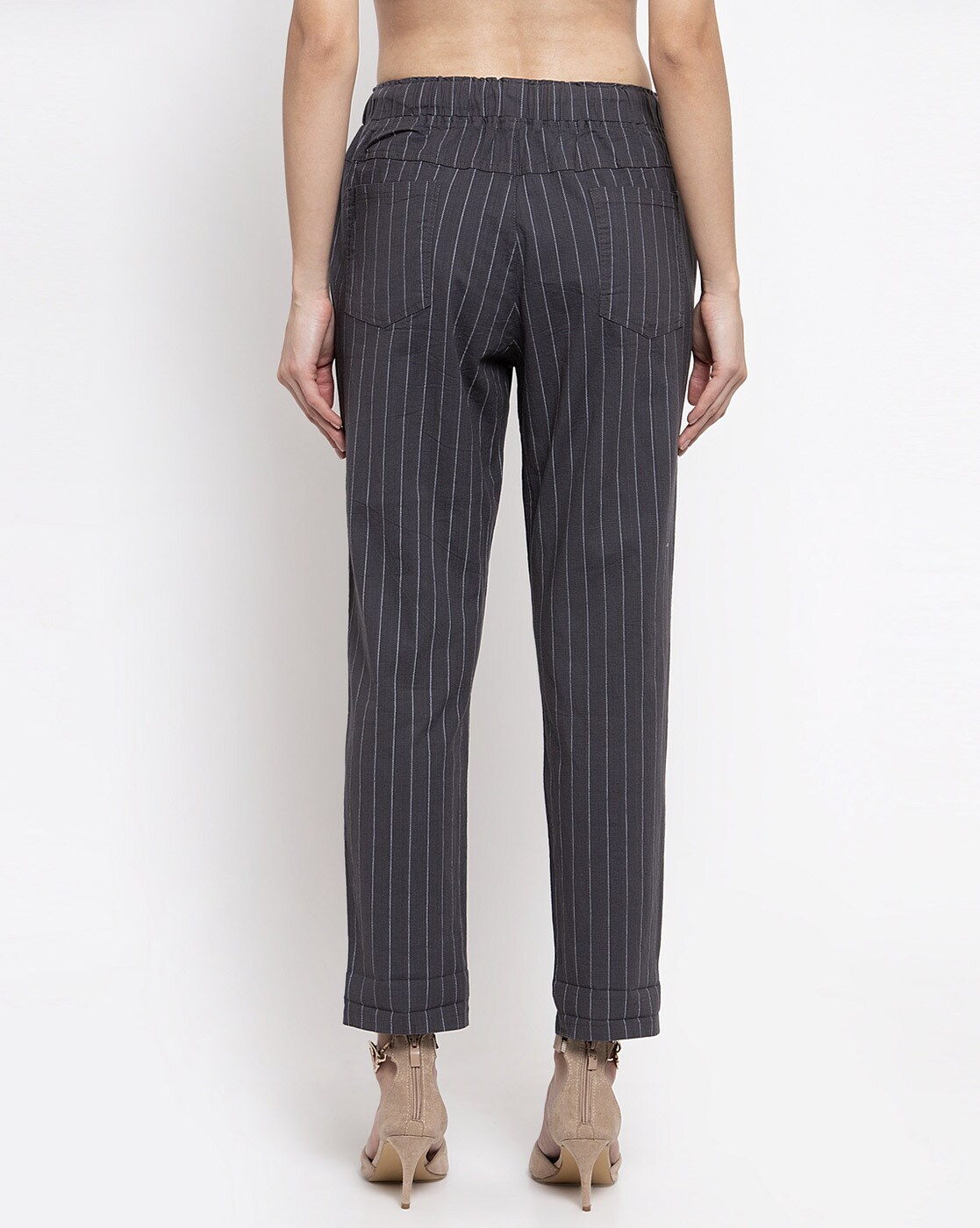 SHOWOFF Women Olive Striped Straight Fit Formal Trouser