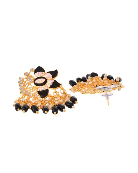 Black Stones,With Pearl,Flower Design Jumka Gold Finished Premium Quality  Earrings Set Buy Online