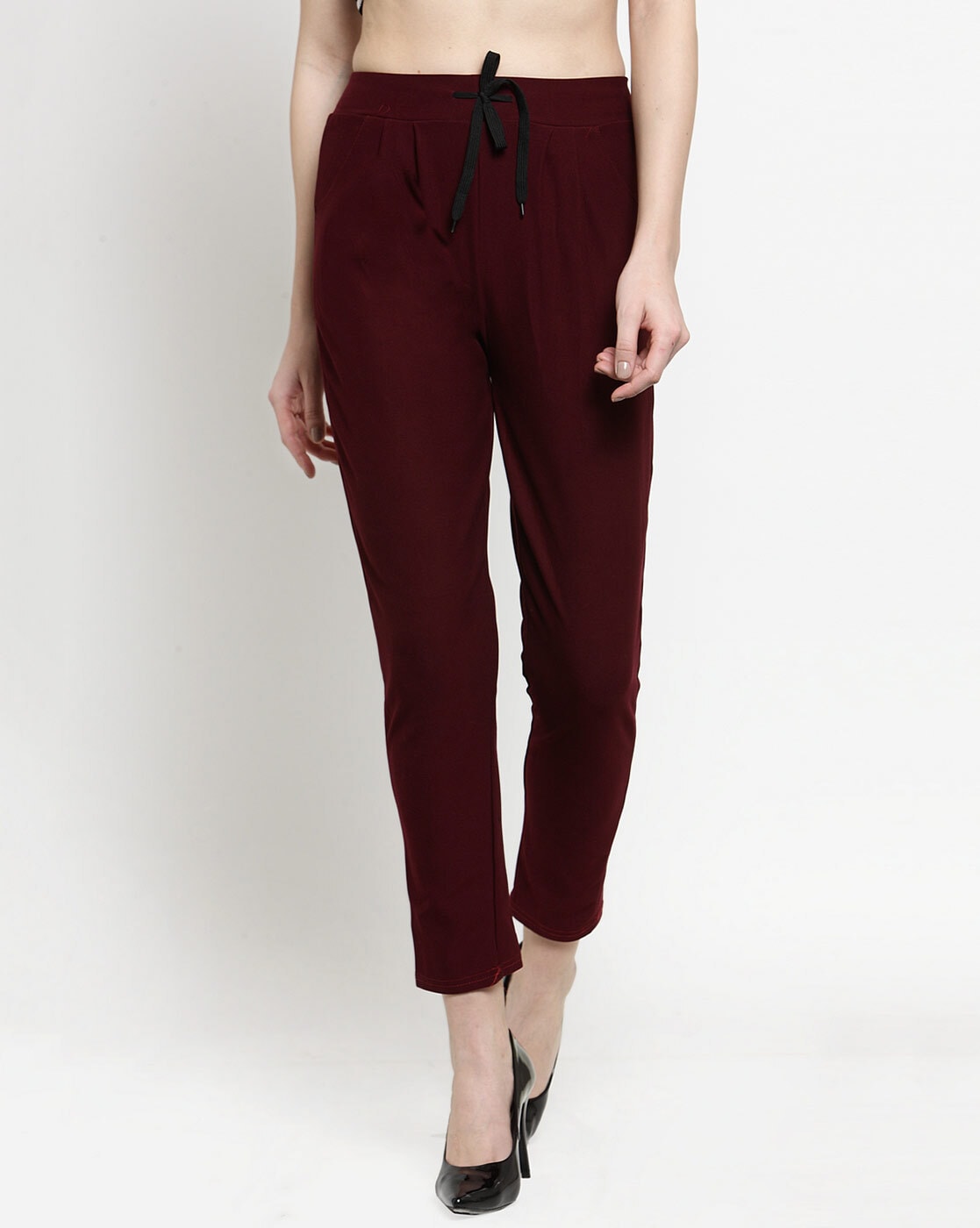 Womens Mid Rise Maroon Baggy Fit Trousers