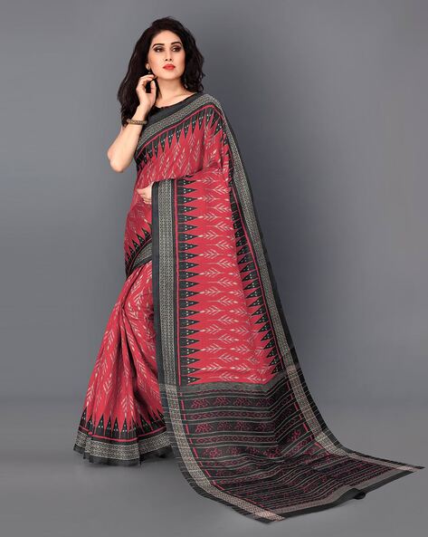 Ikat Printed Tussar Ghicha Silk Saree || Peepal Clothing