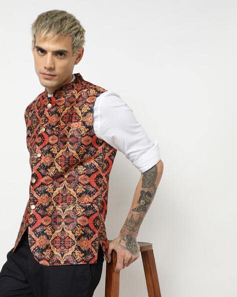 Floral Print Waistcoat with Welt Pockets