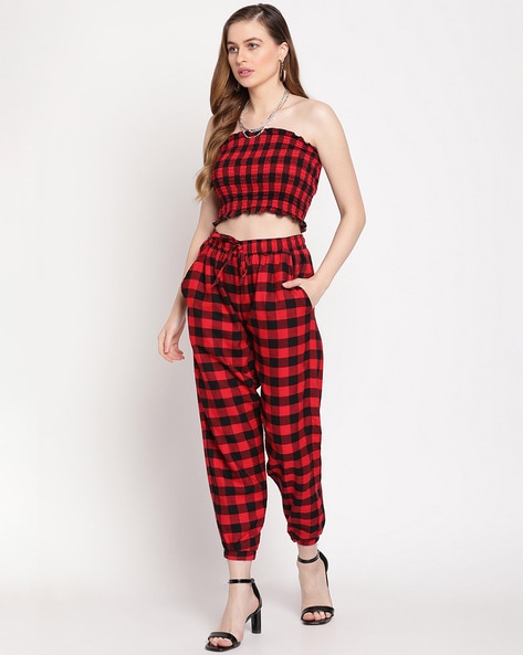 Red check outlet joggers