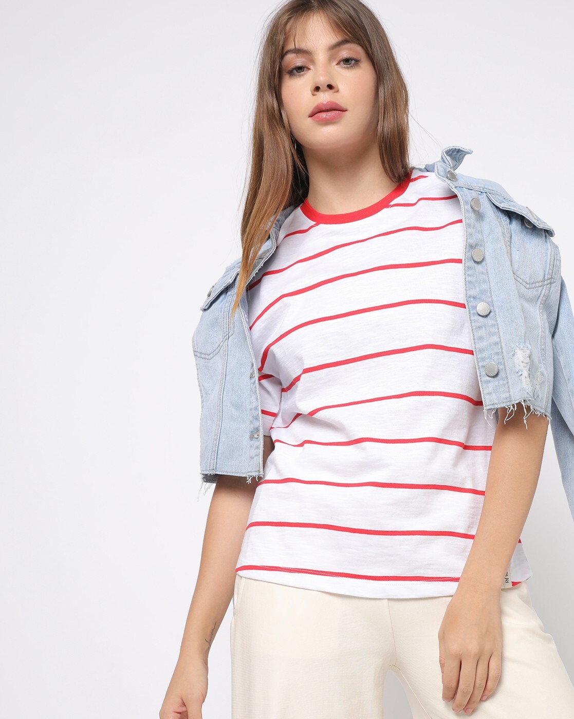 Women's red and white striped best sale t shirt