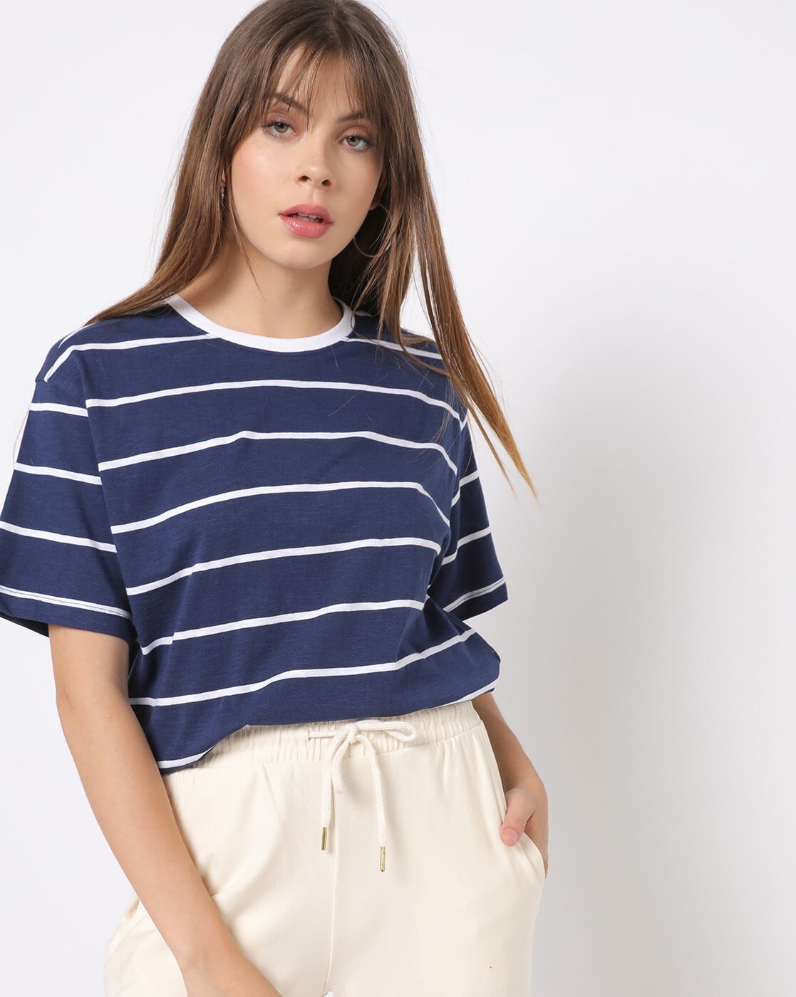 Crew Neck Mini T-shirt Dress - Ivory and Navy Stripe