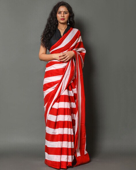 red and white striped saree online