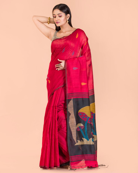 Peacock and flower based cotton saree in black and red color.