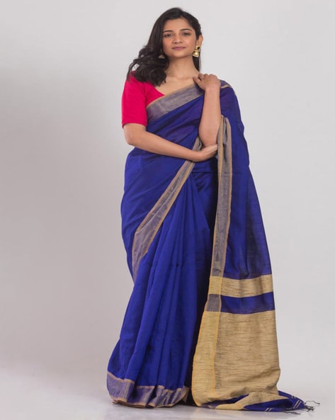 Royal blue woven blended cotton saree with blouse - Charukriti - 3323486