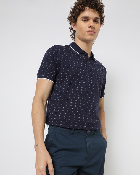 Micro Print Polo T-shirt with Contrast Tipping