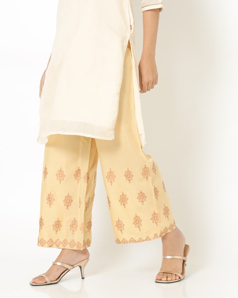 Buy Peach And Blue Shaded Satin Wrap Around Jacket And Ethnic Printed Palazzo  Pants Set Online - Kalki Fashion