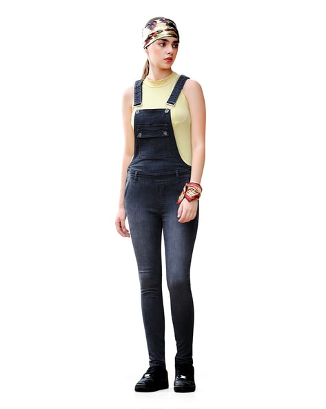 Buynewtrend Solid Denim Dungaree Skirt